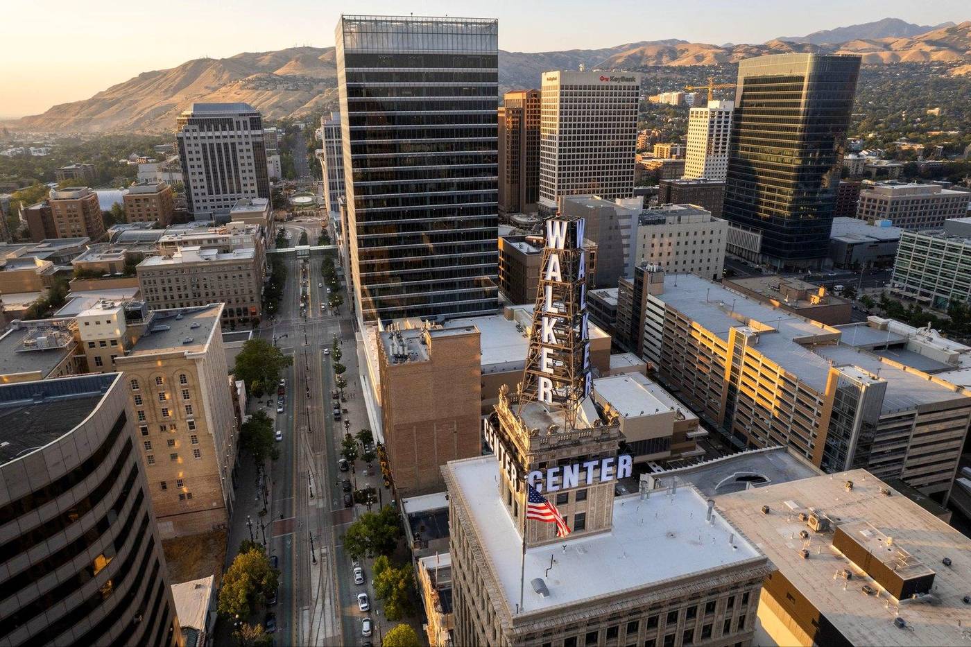 Aerial view of downtown Salt Lake City, with the Wasatch foothills behind