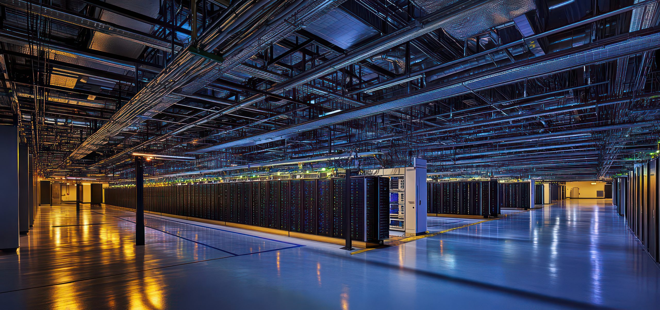 Long rows of server racks under overhead cable trays in a large data hall
