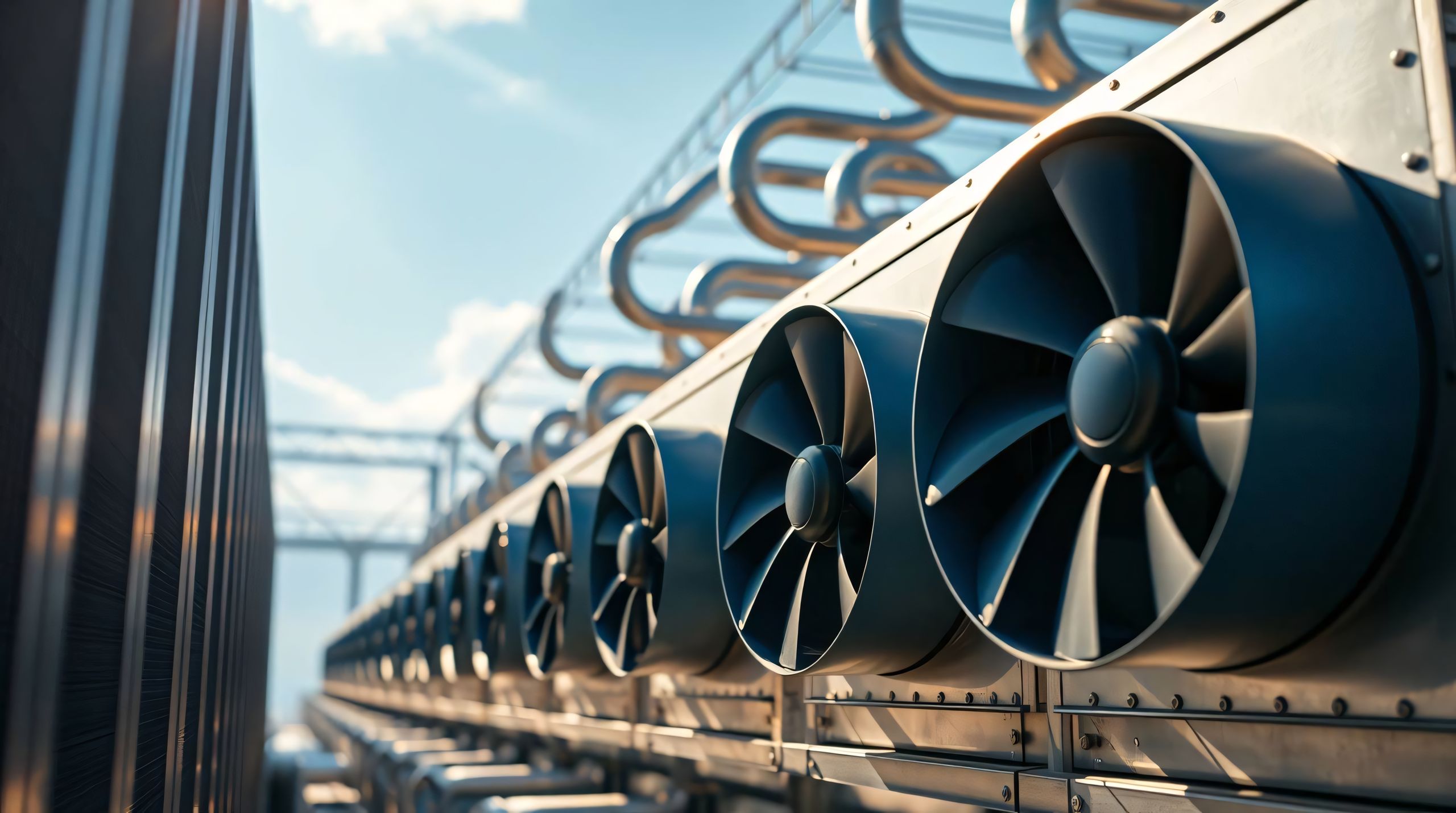 A row of large industrial cooling fans on a data center rooftop
