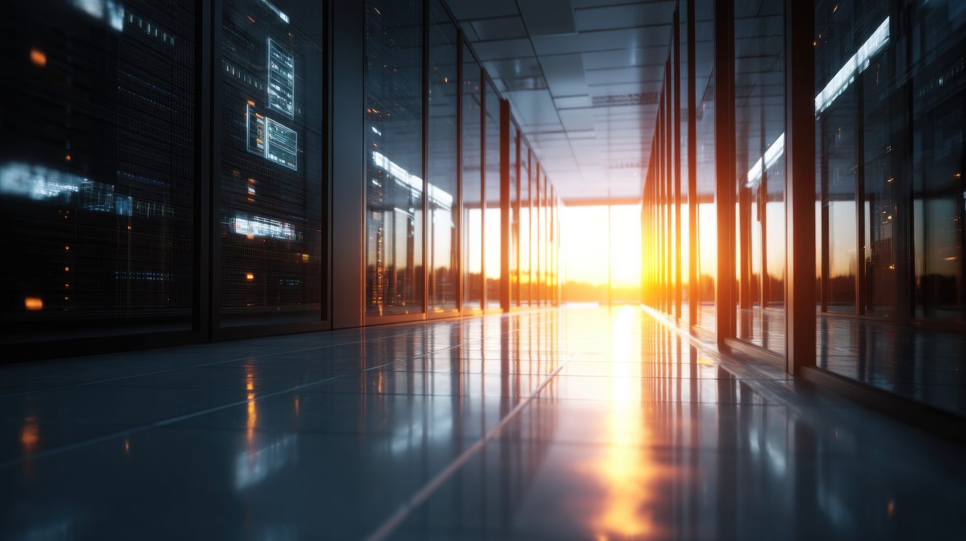 A data center corridor lined with server cabinets, with the sun setting through the windows