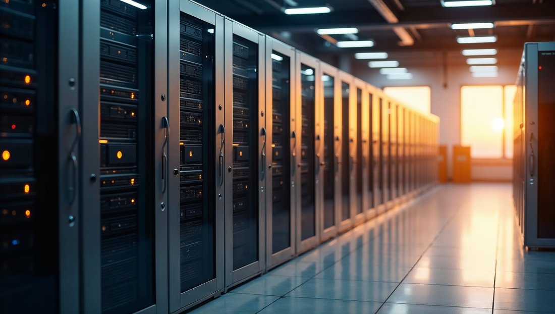 Rows of server cabinets in a data hall