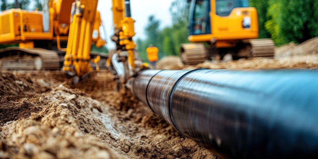 Excavators laying a large pipeline in a trench