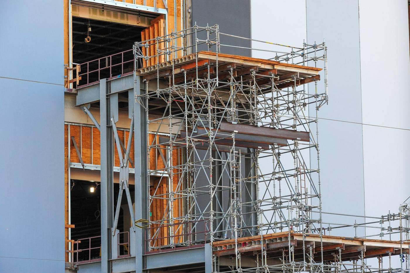 Steel framing and scaffolding on a large building under construction